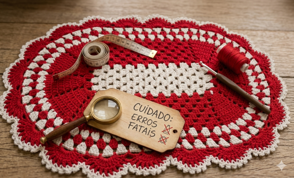 Close-up preventivo de tapete oval de crochê vermelho e cru com placa de alerta 'CUIDADO: ERROS FATAIS' e fita métrica.