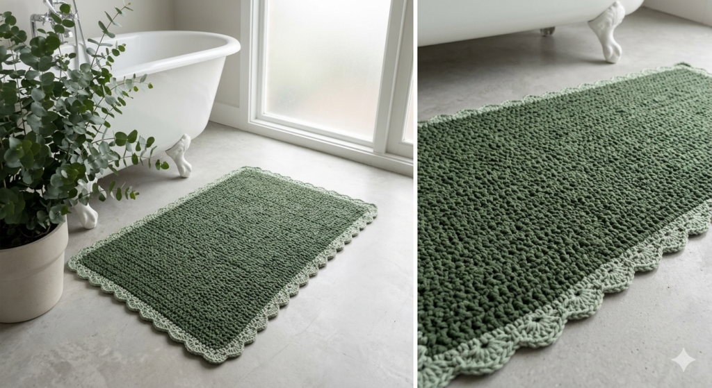 Tapete Retangular Verde Musgo (Tendência 2: Biofílico)
Este modelo foca na tendência Verde Musgo e Sálvia. É um tapete retangular com um bico de acabamento clássico, ideal para um banheiro elegante ou para a porta de entrada. A imagem evoca a sensação de natureza dentro de casa.