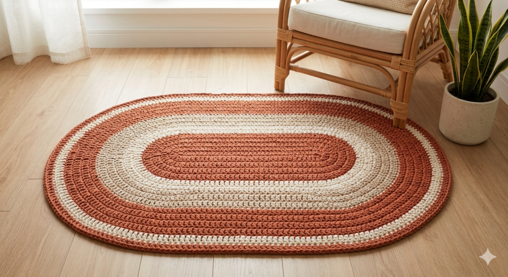 Tapete Oval em Tons Terrosos (Tendência 1: Natural)
Esta imagem representa a tendência de cores como Terracota e Bege Amendoado, usando um barbante número 8 para dar aquela textura robusta e aconchegante que mencionamos. É o modelo perfeito para uma sala de estar chique.
