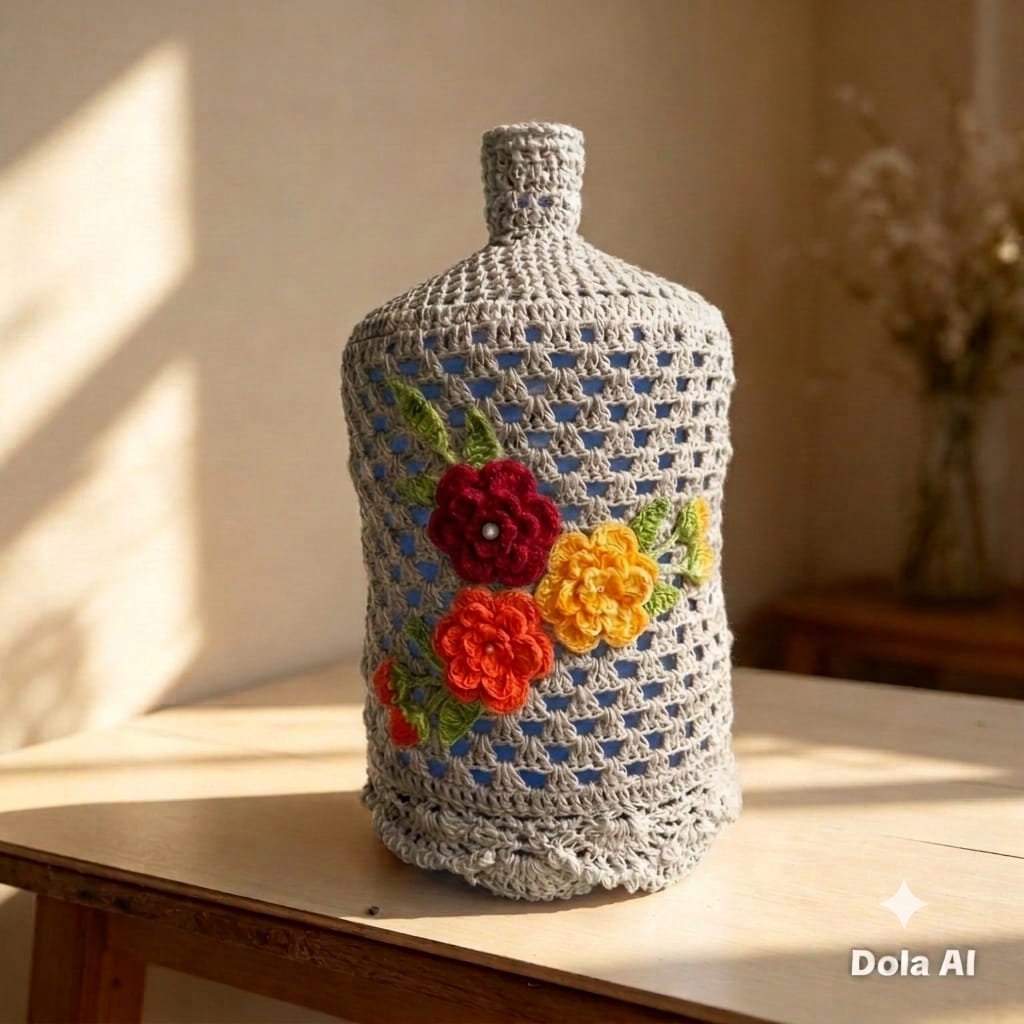 Capa de Crochê para Galão de Água Invertido de 20L Estética e Prática com Design Artesanal para Proteção e Organização - Imagem 7